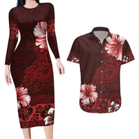 Hawaii Hibiscus With Oxblood Polynesian Pattern Couples Matching Long Sleeve Bodycon Dress and Hawaiian Shirt LT05 Red - Polynesian Pride