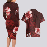 Hawaii Hibiscus With Oxblood Polynesian Pattern Couples Matching Long Sleeve Bodycon Dress and Hawaiian Shirt LT05 - Polynesian Pride