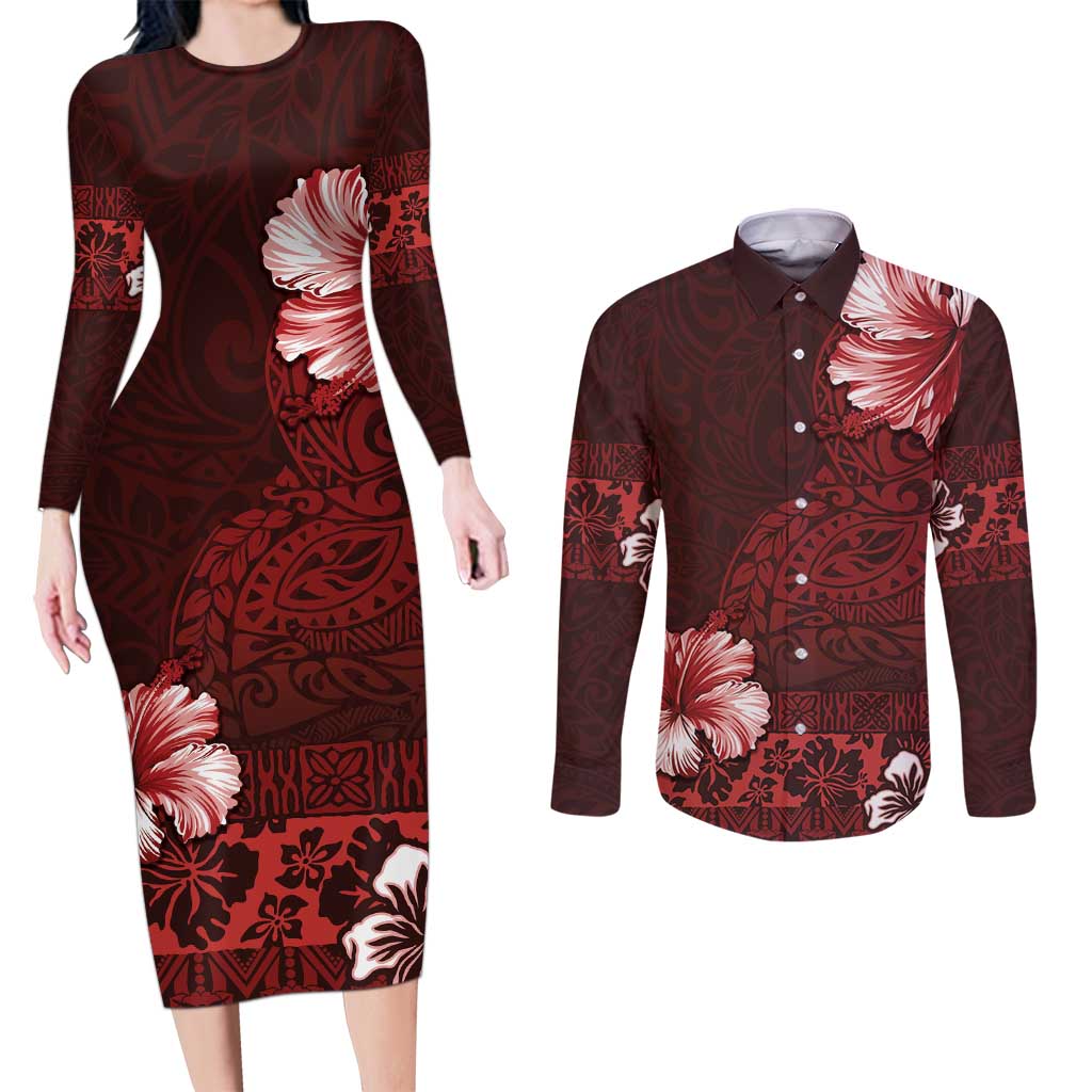 Hawaii Hibiscus With Oxblood Polynesian Pattern Couples Matching Long Sleeve Bodycon Dress and Long Sleeve Button Shirt LT05 Red - Polynesian Pride