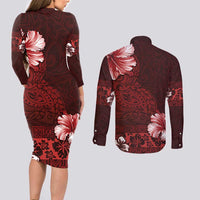 Hawaii Hibiscus With Oxblood Polynesian Pattern Couples Matching Long Sleeve Bodycon Dress and Long Sleeve Button Shirt LT05 - Polynesian Pride