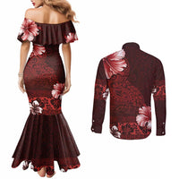 Hawaii Hibiscus With Oxblood Polynesian Pattern Couples Matching Mermaid Dress and Long Sleeve Button Shirt LT05 - Polynesian Pride
