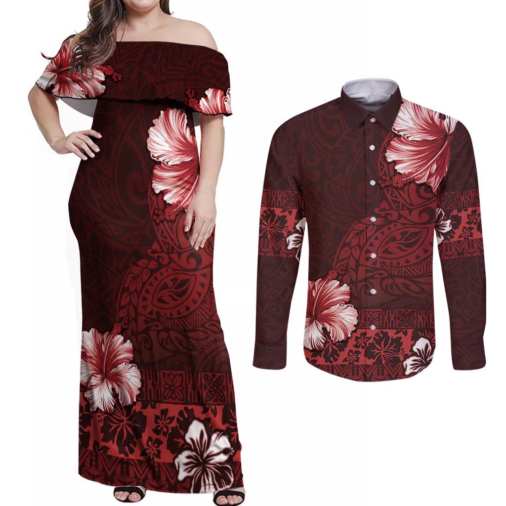 Hawaii Hibiscus With Oxblood Polynesian Pattern Couples Matching Off Shoulder Maxi Dress and Long Sleeve Button Shirt LT05 Red - Polynesian Pride