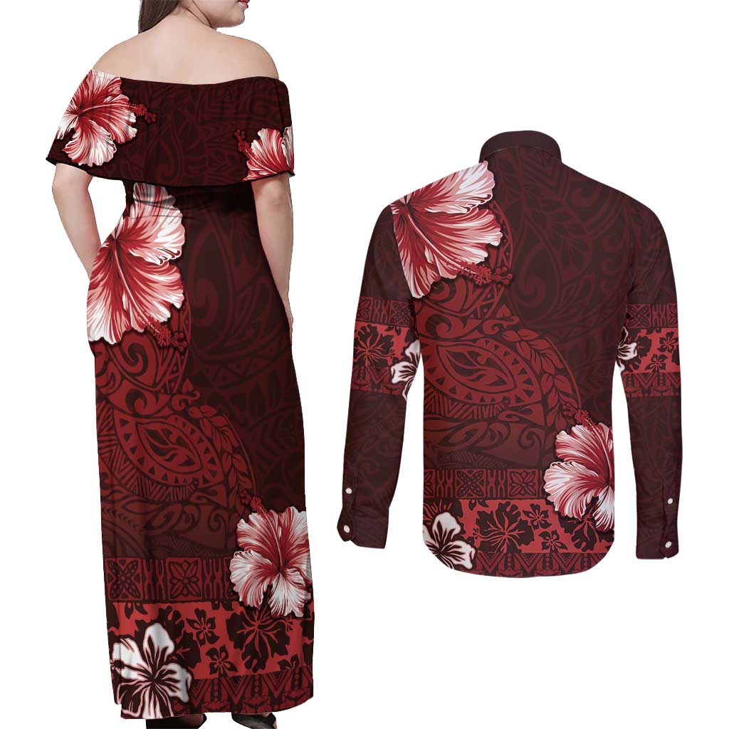 Hawaii Hibiscus With Oxblood Polynesian Pattern Couples Matching Off Shoulder Maxi Dress and Long Sleeve Button Shirt LT05 - Polynesian Pride