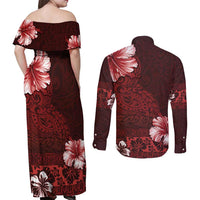 Hawaii Hibiscus With Oxblood Polynesian Pattern Couples Matching Off Shoulder Maxi Dress and Long Sleeve Button Shirt LT05 - Polynesian Pride