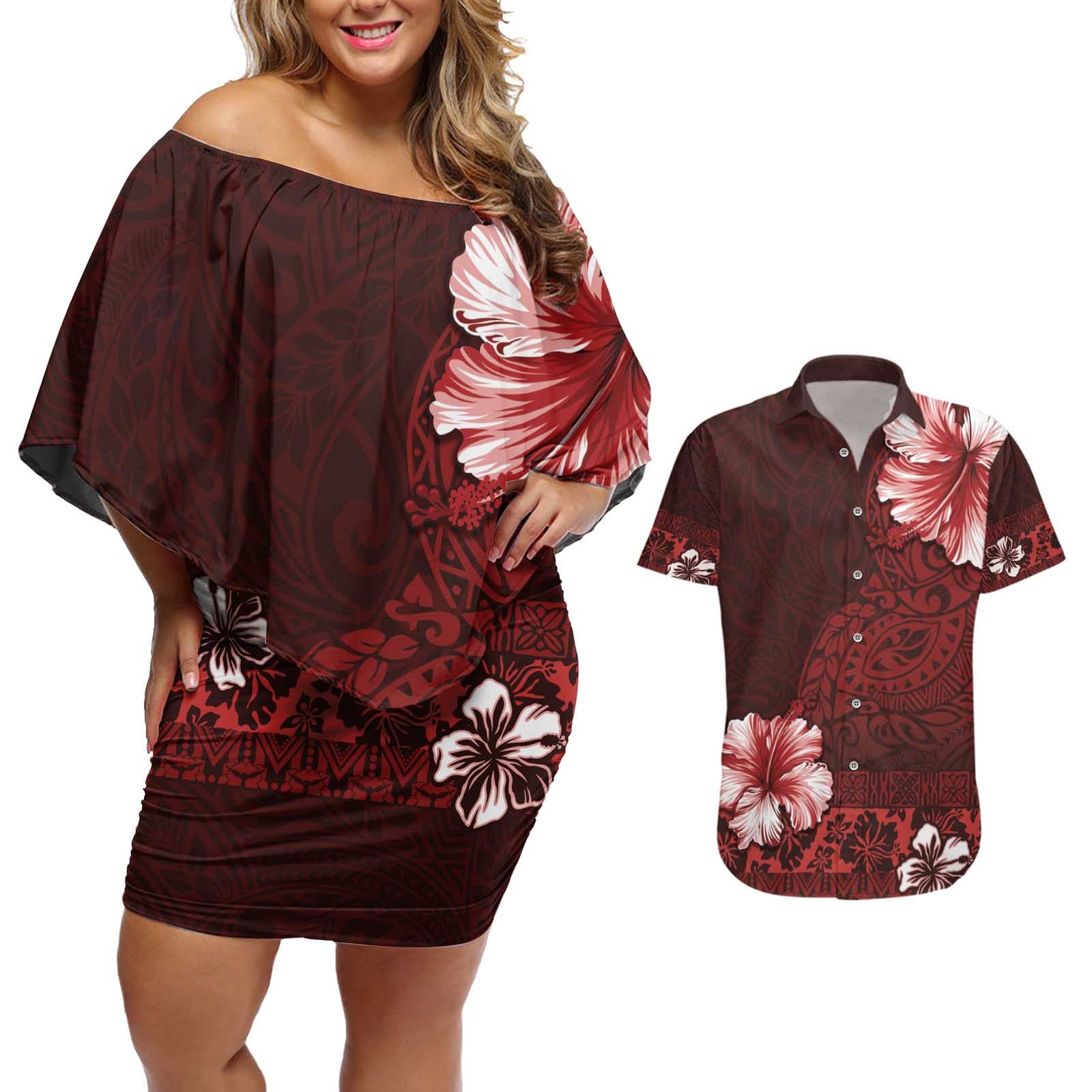 Hawaii Hibiscus With Oxblood Polynesian Pattern Couples Matching Off Shoulder Short Dress and Hawaiian Shirt LT05 Red - Polynesian Pride