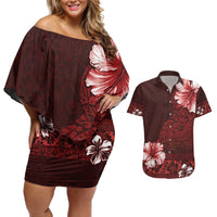 Hawaii Hibiscus With Oxblood Polynesian Pattern Couples Matching Off Shoulder Short Dress and Hawaiian Shirt LT05 Red - Polynesian Pride
