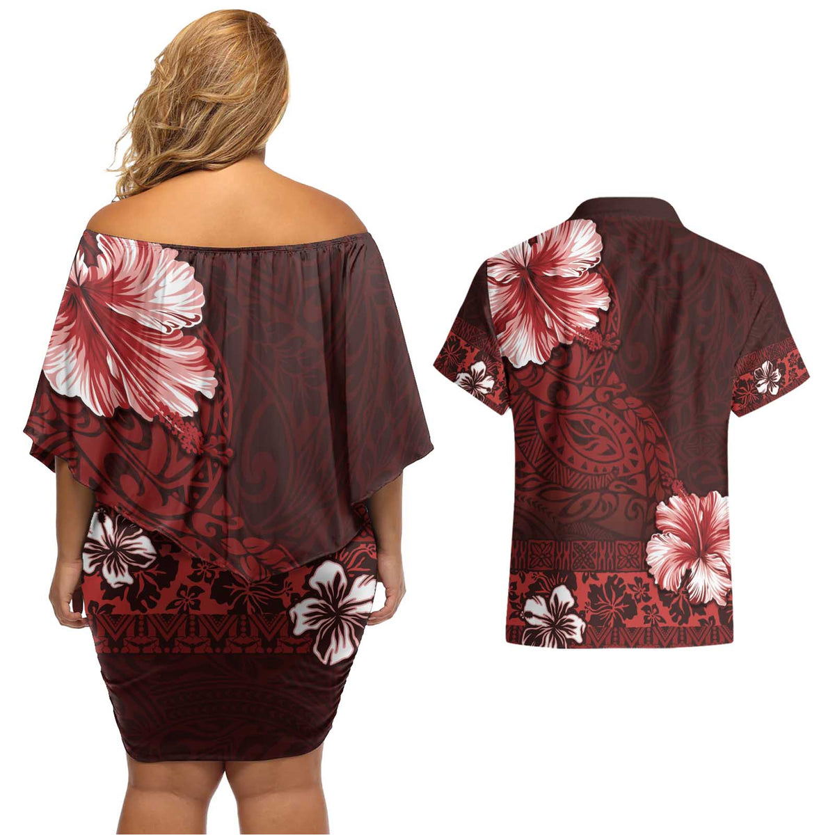 Hawaii Hibiscus With Oxblood Polynesian Pattern Couples Matching Off Shoulder Short Dress and Hawaiian Shirt LT05 - Polynesian Pride