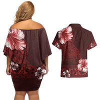 Hawaii Hibiscus With Oxblood Polynesian Pattern Couples Matching Off Shoulder Short Dress and Hawaiian Shirt LT05 - Polynesian Pride