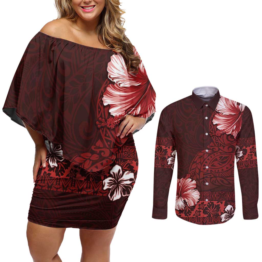 Hawaii Hibiscus With Oxblood Polynesian Pattern Couples Matching Off Shoulder Short Dress and Long Sleeve Button Shirt LT05 Red - Polynesian Pride