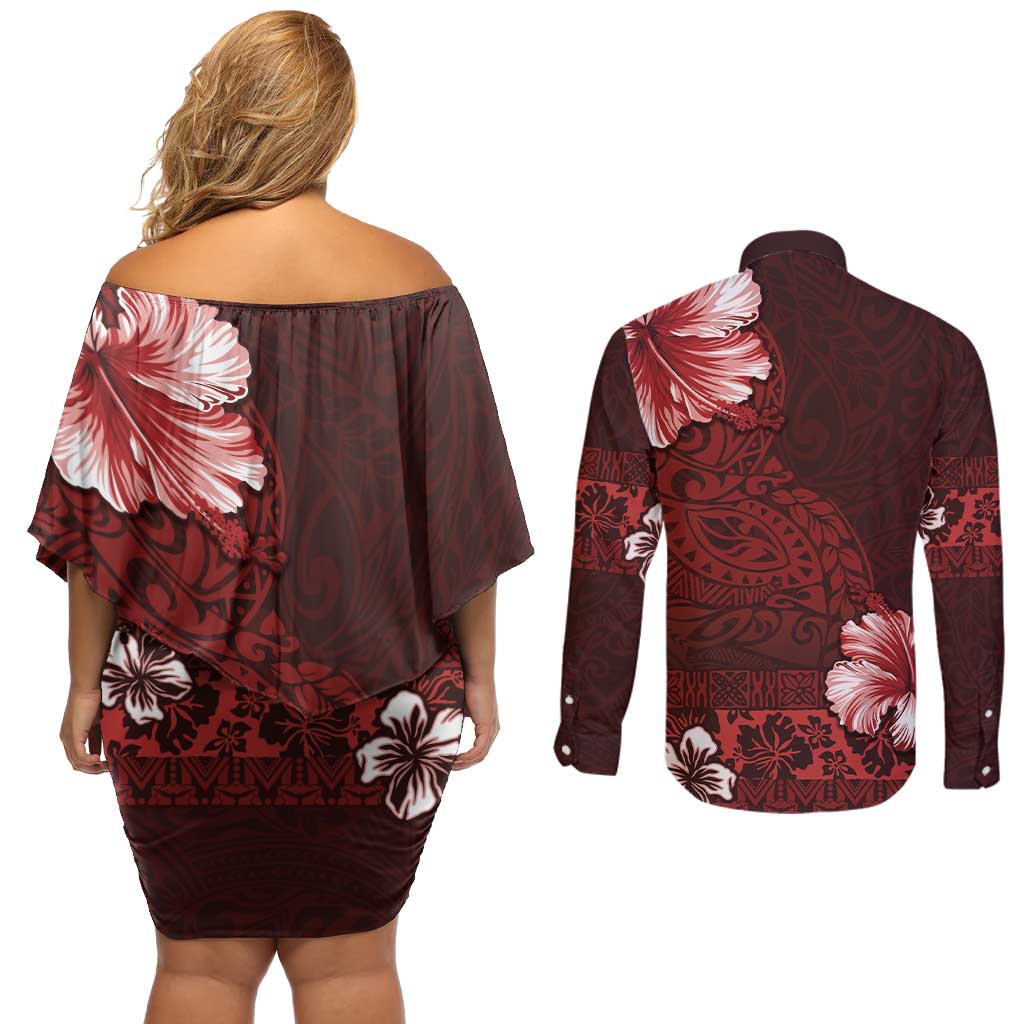 Hawaii Hibiscus With Oxblood Polynesian Pattern Couples Matching Off Shoulder Short Dress and Long Sleeve Button Shirt LT05 - Polynesian Pride