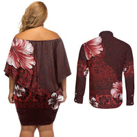 Hawaii Hibiscus With Oxblood Polynesian Pattern Couples Matching Off Shoulder Short Dress and Long Sleeve Button Shirt LT05 - Polynesian Pride