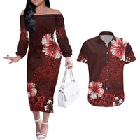 Hawaii Hibiscus With Oxblood Polynesian Pattern Couples Matching Off The Shoulder Long Sleeve Dress and Hawaiian Shirt LT05 Red - Polynesian Pride