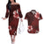 Hawaii Hibiscus With Oxblood Polynesian Pattern Couples Matching Off The Shoulder Long Sleeve Dress and Hawaiian Shirt