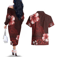 Hawaii Hibiscus With Oxblood Polynesian Pattern Couples Matching Off The Shoulder Long Sleeve Dress and Hawaiian Shirt LT05 - Polynesian Pride