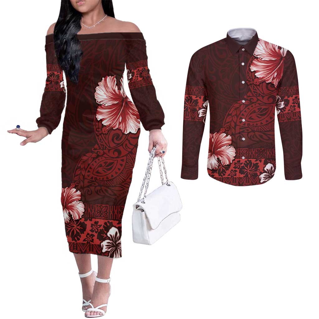 Hawaii Hibiscus With Oxblood Polynesian Pattern Couples Matching Off The Shoulder Long Sleeve Dress and Long Sleeve Button Shirt LT05 Red - Polynesian Pride