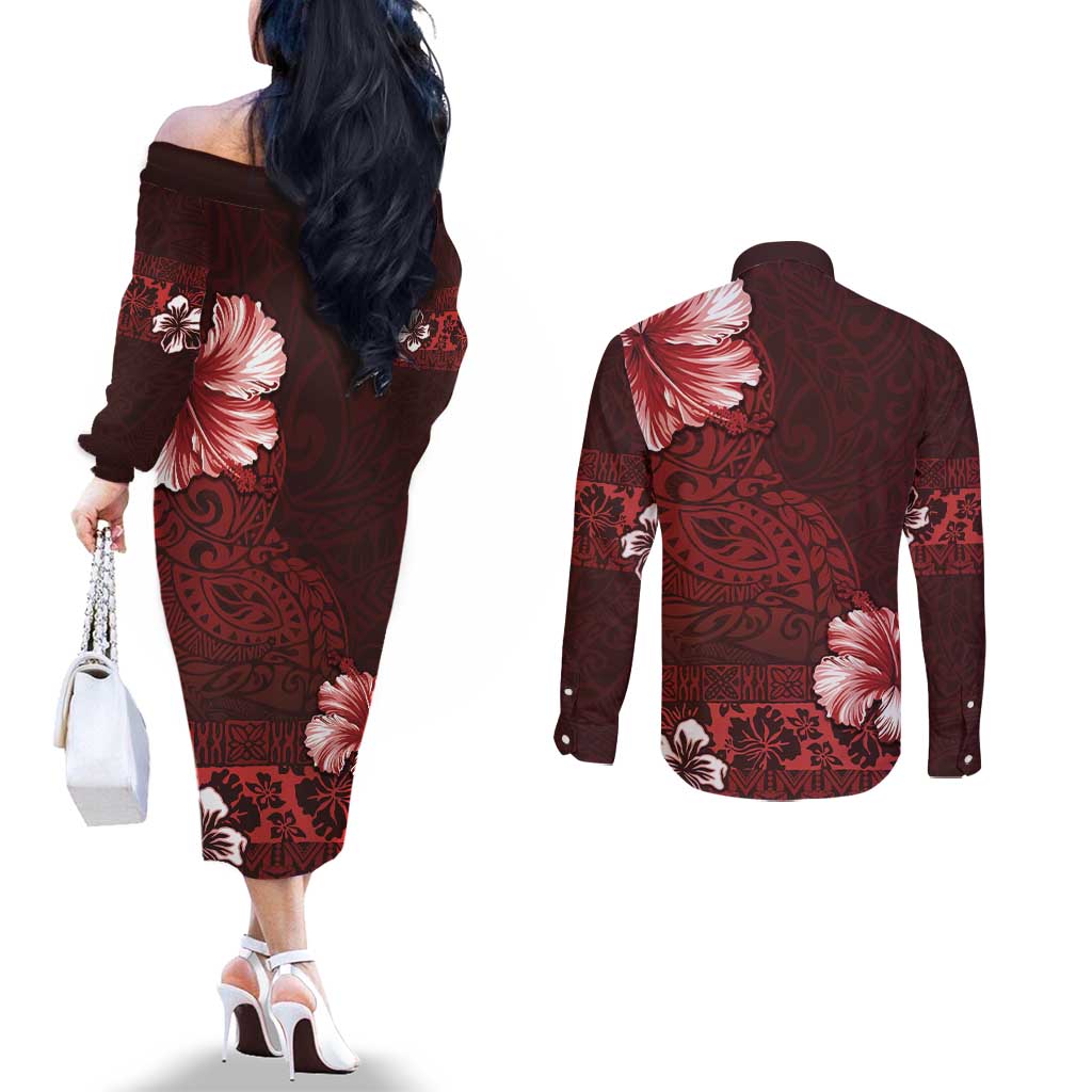 Hawaii Hibiscus With Oxblood Polynesian Pattern Couples Matching Off The Shoulder Long Sleeve Dress and Long Sleeve Button Shirt LT05 - Polynesian Pride