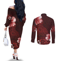 Hawaii Hibiscus With Oxblood Polynesian Pattern Couples Matching Off The Shoulder Long Sleeve Dress and Long Sleeve Button Shirt LT05 - Polynesian Pride