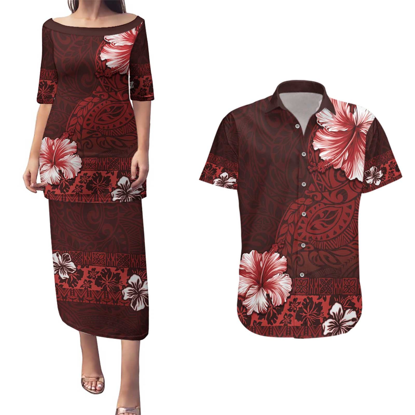 Hawaii Hibiscus With Oxblood Polynesian Pattern Couples Matching Puletasi and Hawaiian Shirt LT05 Red - Polynesian Pride