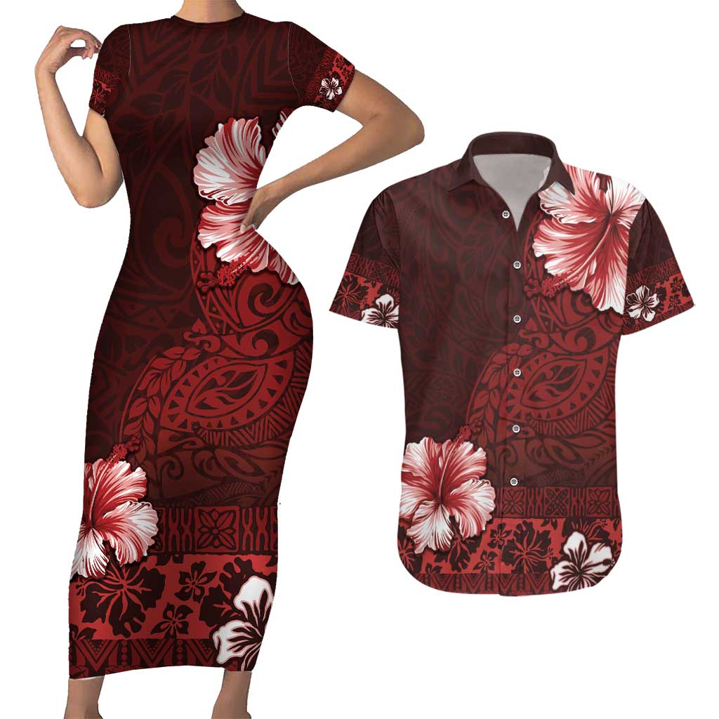 Hawaii Hibiscus With Oxblood Polynesian Pattern Couples Matching Short Sleeve Bodycon Dress and Hawaiian Shirt LT05 Red - Polynesian Pride