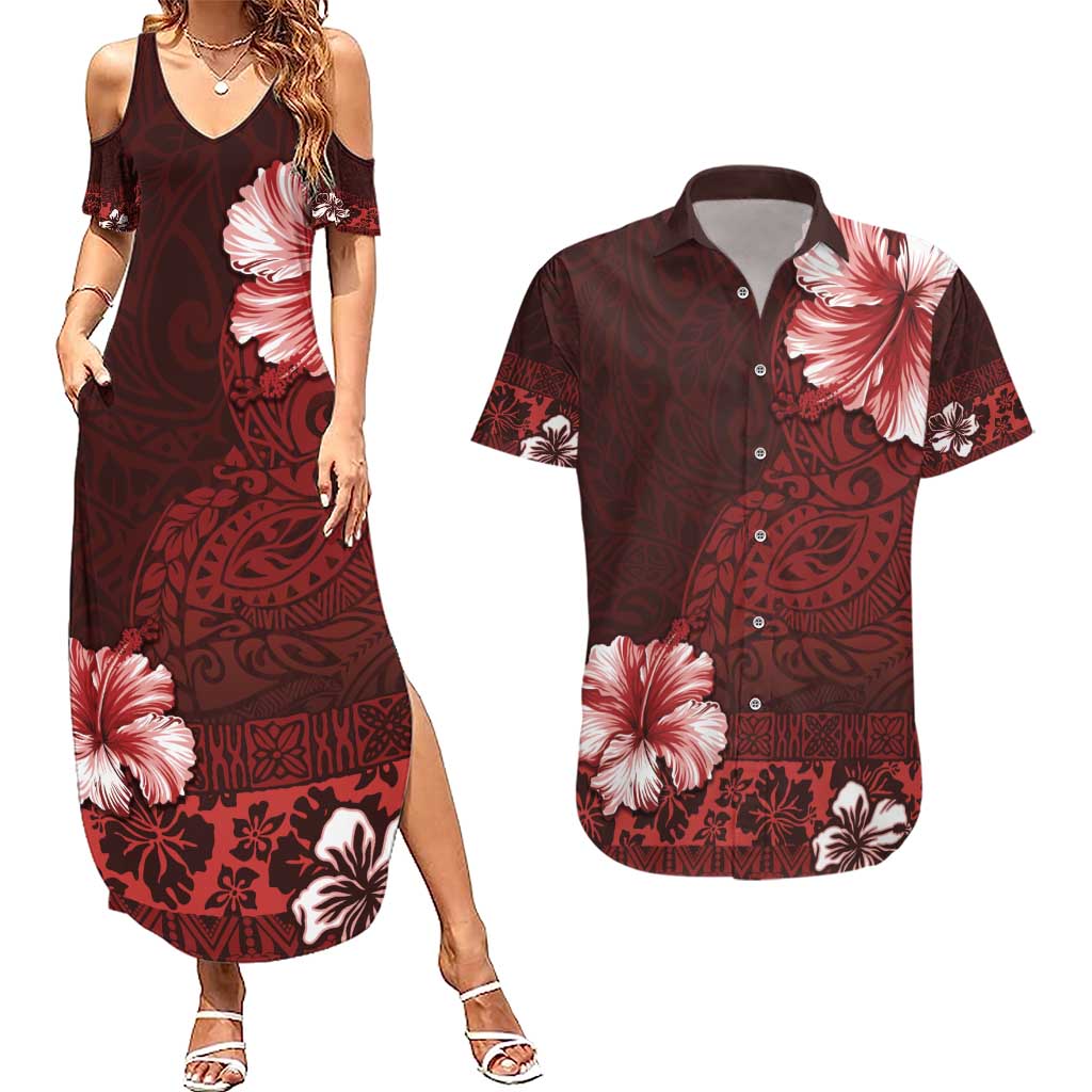 Hawaii Hibiscus With Oxblood Polynesian Pattern Couples Matching Summer Maxi Dress and Hawaiian Shirt LT05 Red - Polynesian Pride