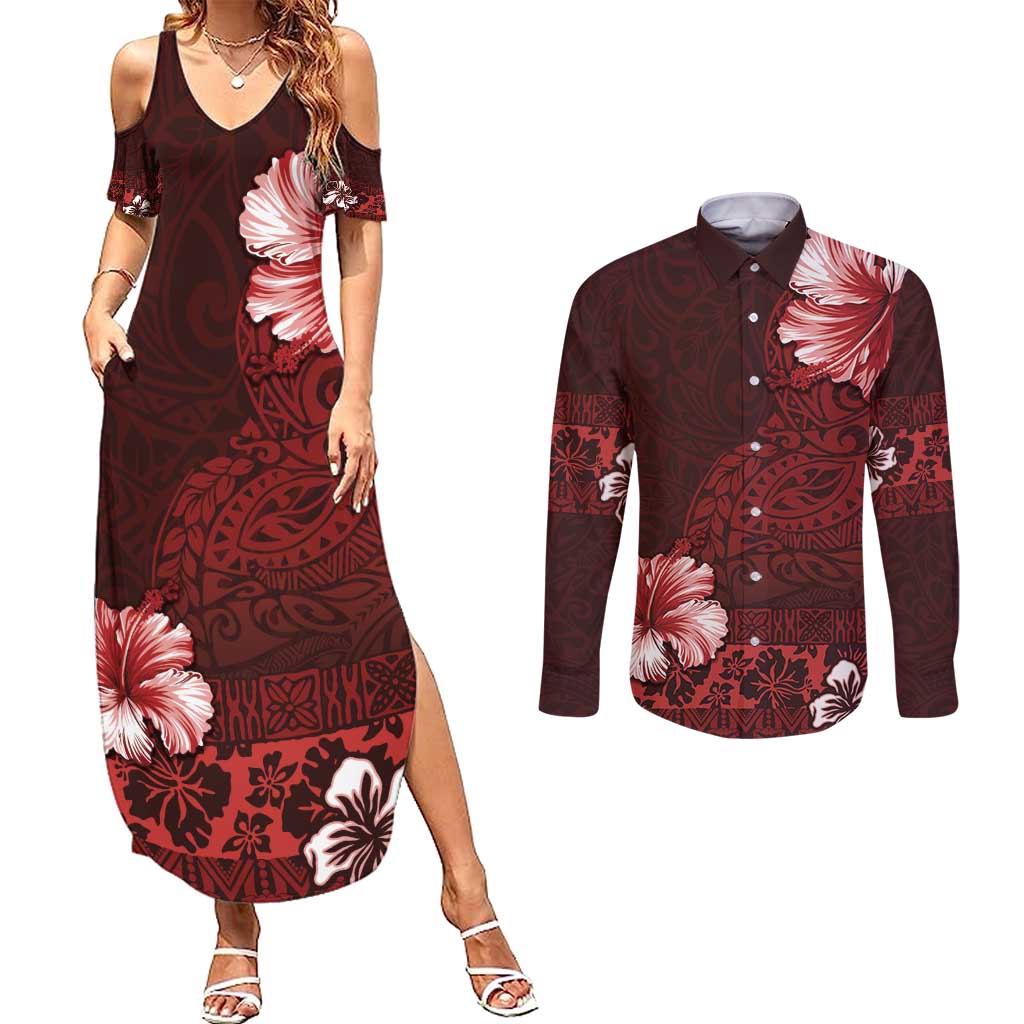 Hawaii Hibiscus With Oxblood Polynesian Pattern Couples Matching Summer Maxi Dress and Long Sleeve Button Shirt LT05 Red - Polynesian Pride