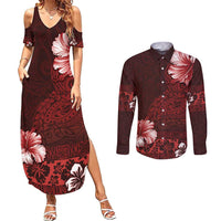 Hawaii Hibiscus With Oxblood Polynesian Pattern Couples Matching Summer Maxi Dress and Long Sleeve Button Shirt LT05 Red - Polynesian Pride