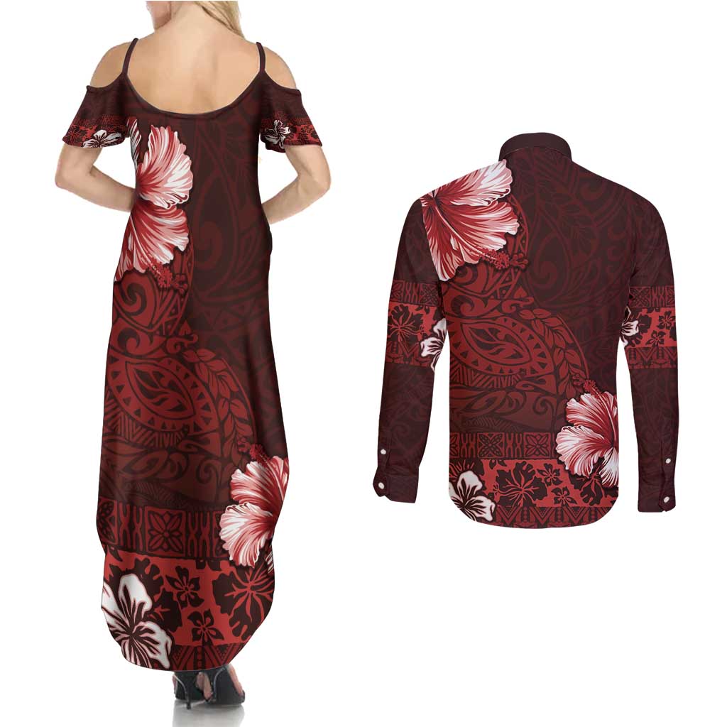 Hawaii Hibiscus With Oxblood Polynesian Pattern Couples Matching Summer Maxi Dress and Long Sleeve Button Shirt LT05 - Polynesian Pride