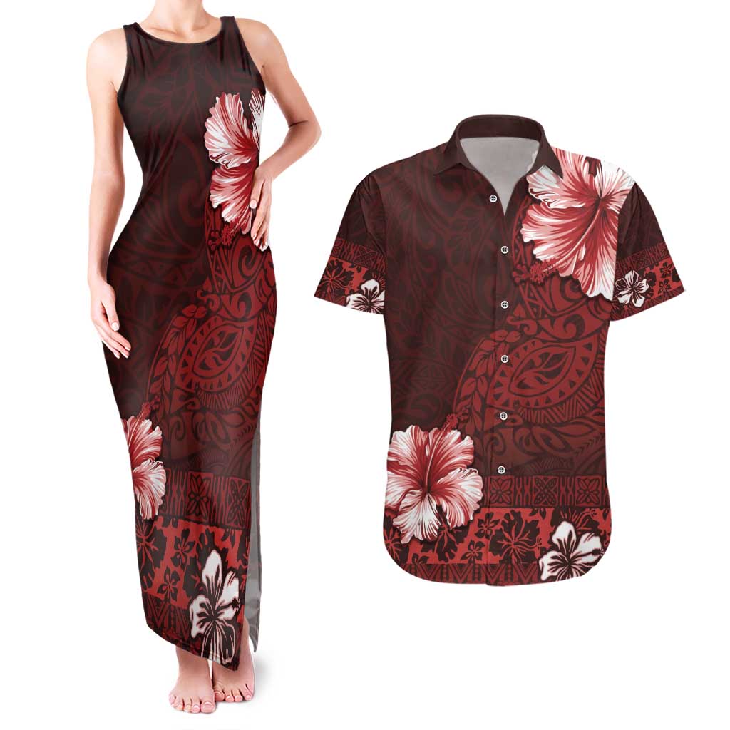 Hawaii Hibiscus With Oxblood Polynesian Pattern Couples Matching Tank Maxi Dress and Hawaiian Shirt LT05 Red - Polynesian Pride