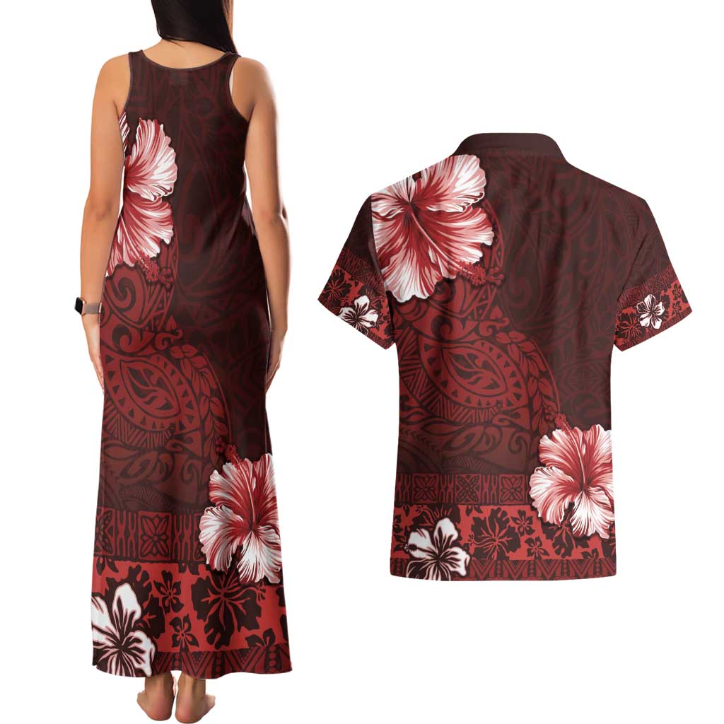 Hawaii Hibiscus With Oxblood Polynesian Pattern Couples Matching Tank Maxi Dress and Hawaiian Shirt LT05 - Polynesian Pride