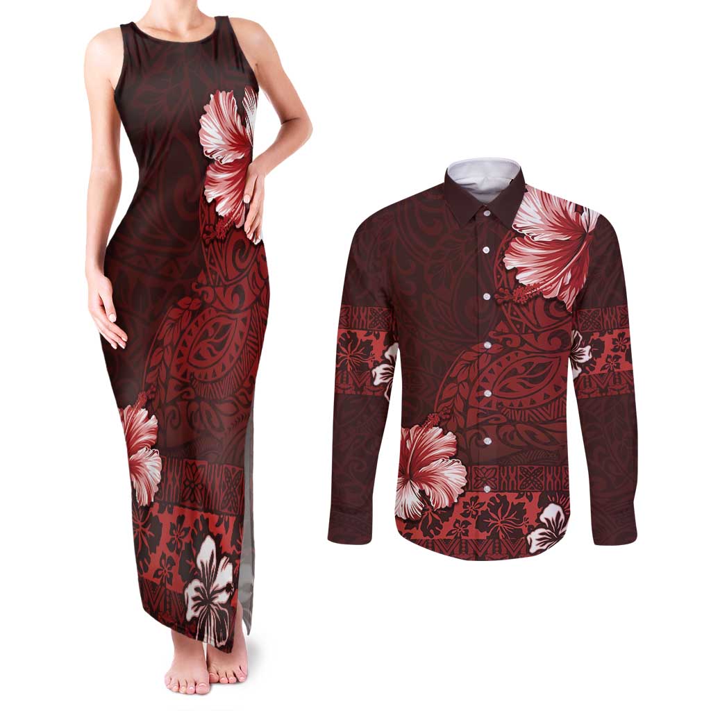 Hawaii Hibiscus With Oxblood Polynesian Pattern Couples Matching Tank Maxi Dress and Long Sleeve Button Shirt LT05 Red - Polynesian Pride