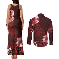 Hawaii Hibiscus With Oxblood Polynesian Pattern Couples Matching Tank Maxi Dress and Long Sleeve Button Shirt LT05 - Polynesian Pride