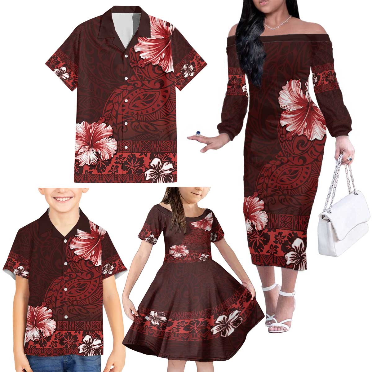 Hawaii Hibiscus With Oxblood Polynesian Pattern Family Matching Off The Shoulder Long Sleeve Dress and Hawaiian Shirt