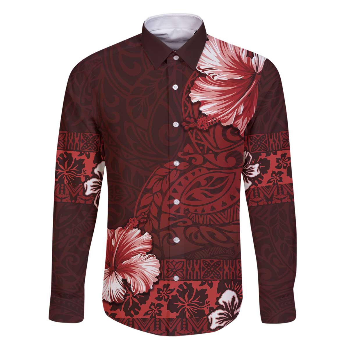 Hawaii Hibiscus With Oxblood Polynesian Pattern Family Matching Off The Shoulder Long Sleeve Dress and Hawaiian Shirt