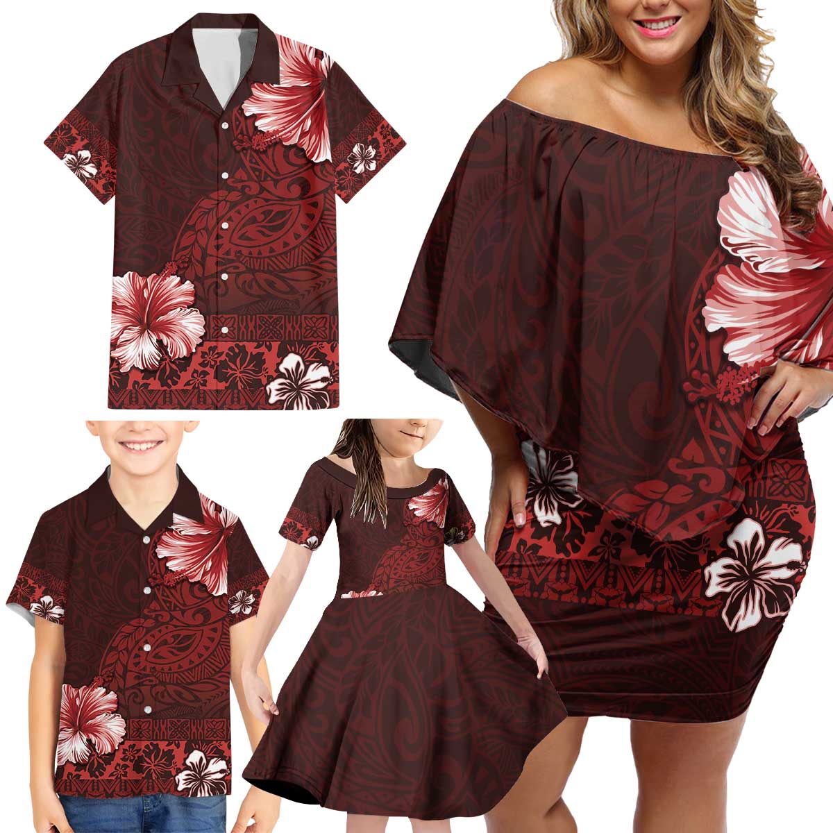 Hawaii Hibiscus With Oxblood Polynesian Pattern Family Matching Off Shoulder Short Dress and Hawaiian Shirt