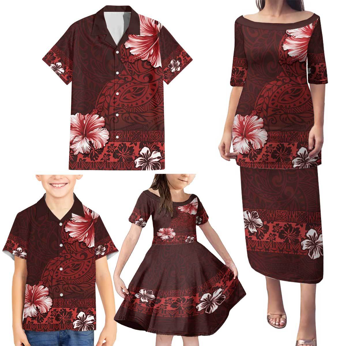 Hawaii Hibiscus With Oxblood Polynesian Pattern Family Matching Puletasi and Hawaiian Shirt