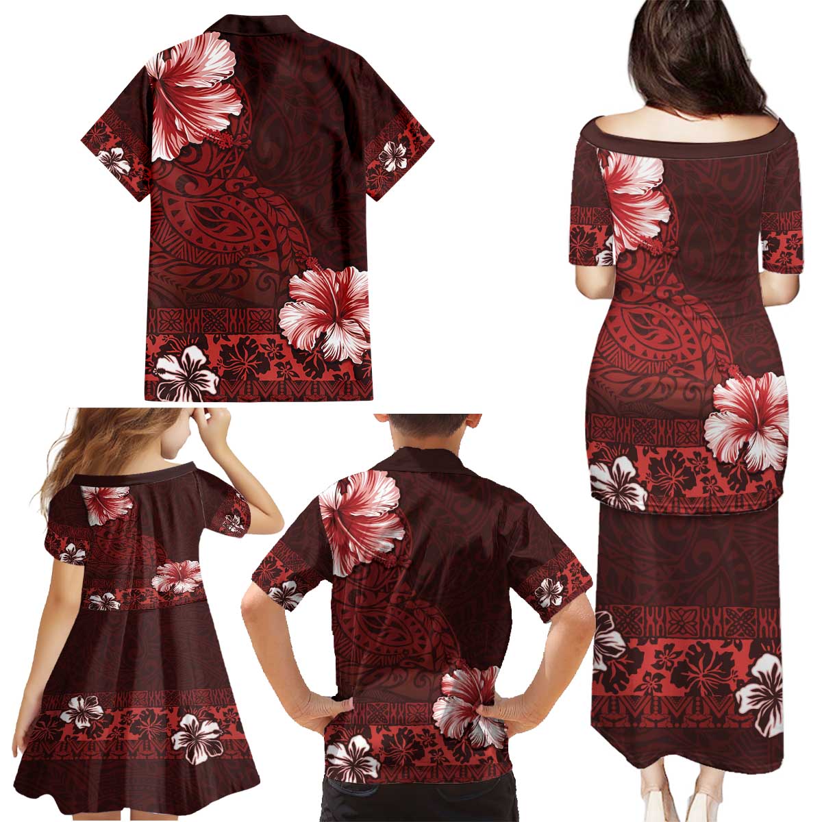 Hawaii Hibiscus With Oxblood Polynesian Pattern Family Matching Puletasi and Hawaiian Shirt LT05 - Polynesian Pride