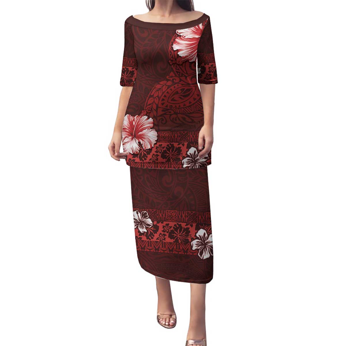 Hawaii Hibiscus With Oxblood Polynesian Pattern Family Matching Puletasi and Hawaiian Shirt LT05 Mom's Dress Red - Polynesian Pride