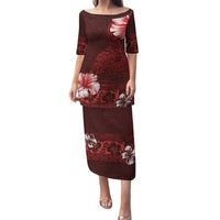 Hawaii Hibiscus With Oxblood Polynesian Pattern Family Matching Puletasi and Hawaiian Shirt LT05 Mom's Dress Red - Polynesian Pride