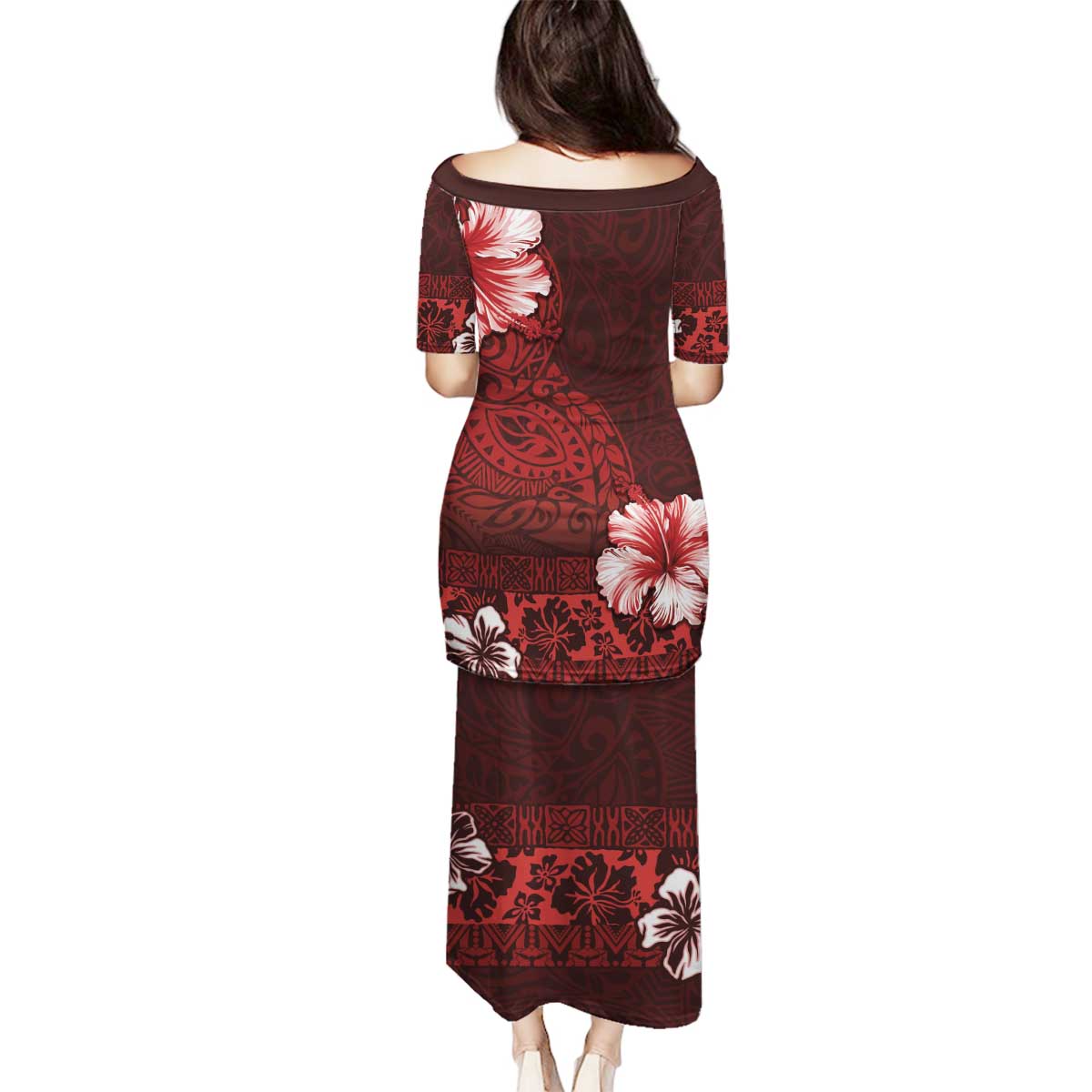 Hawaii Hibiscus With Oxblood Polynesian Pattern Family Matching Puletasi and Hawaiian Shirt LT05 - Polynesian Pride