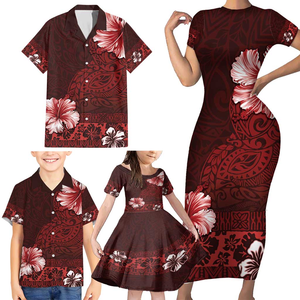 Hawaii Hibiscus With Oxblood Polynesian Pattern Family Matching Short Sleeve Bodycon Dress and Hawaiian Shirt