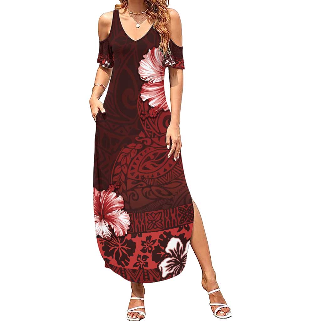 Hawaii Hibiscus With Oxblood Polynesian Pattern Family Matching Summer Maxi Dress and Hawaiian Shirt LT05 Mom's Dress Red - Polynesian Pride