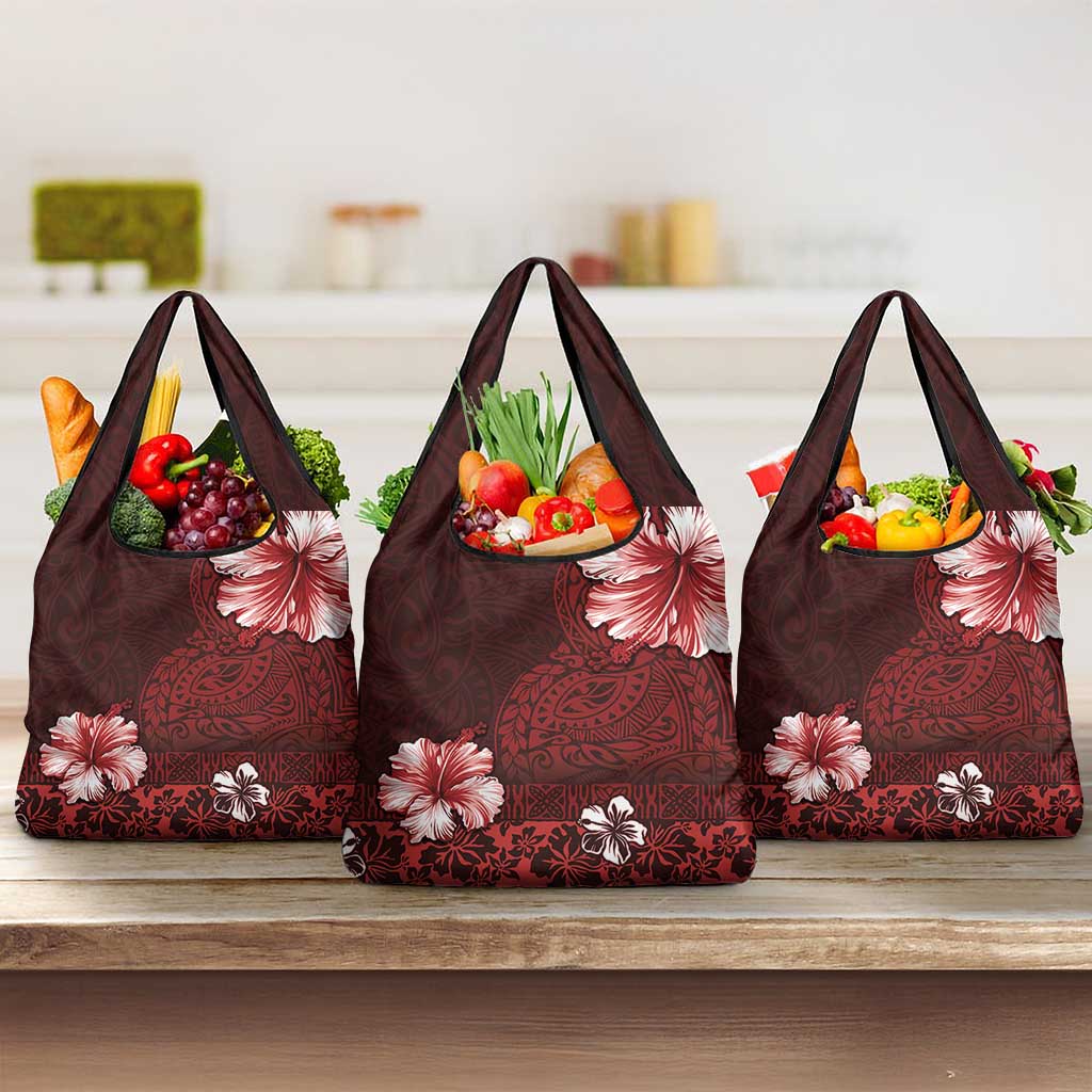 Hawaii Hibiscus With Oxblood Polynesian Pattern Grocery Bag LT05 3-pack One Size Red - Polynesian Pride