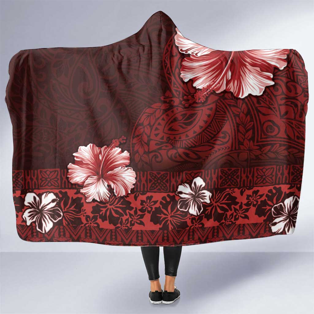 Hawaii Hibiscus With Oxblood Polynesian Pattern Hooded Blanket