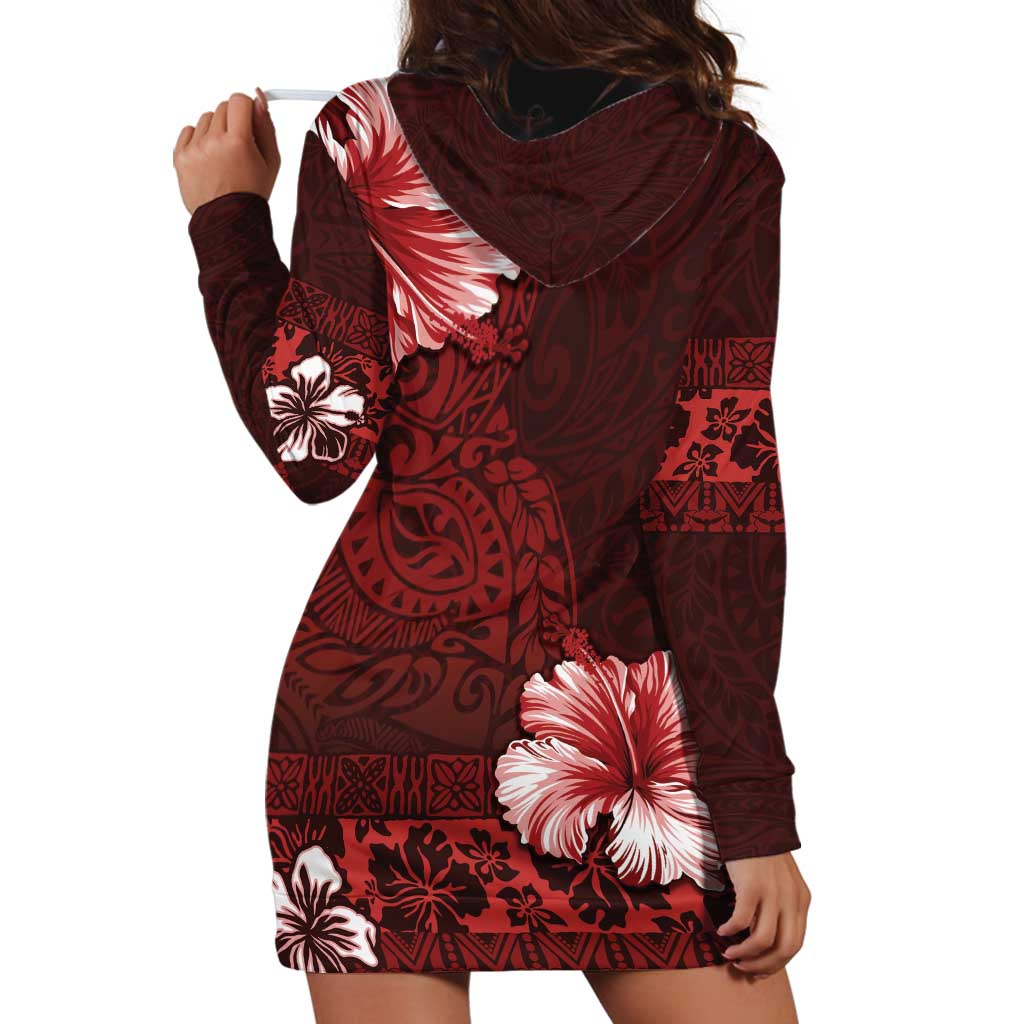 Hawaii Hibiscus With Oxblood Polynesian Pattern Hoodie Dress LT05 - Polynesian Pride