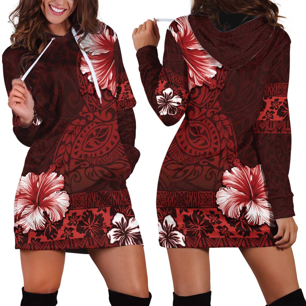 Hawaii Hibiscus With Oxblood Polynesian Pattern Hoodie Dress LT05 - Polynesian Pride