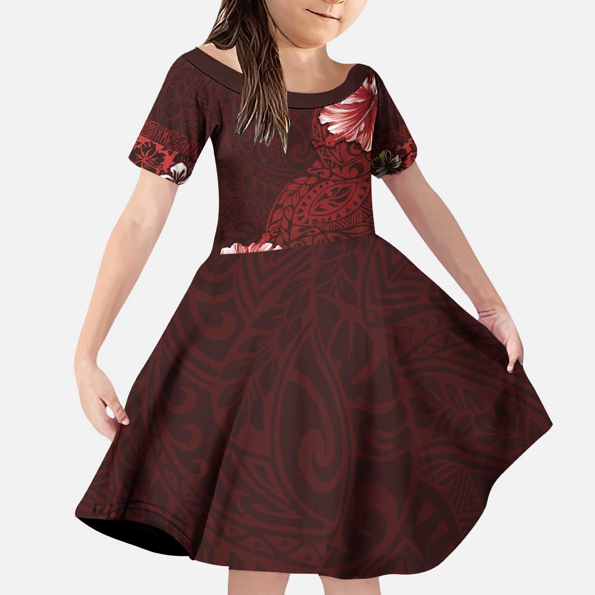 Hawaii Hibiscus With Oxblood Polynesian Pattern Kid Short Sleeve Dress