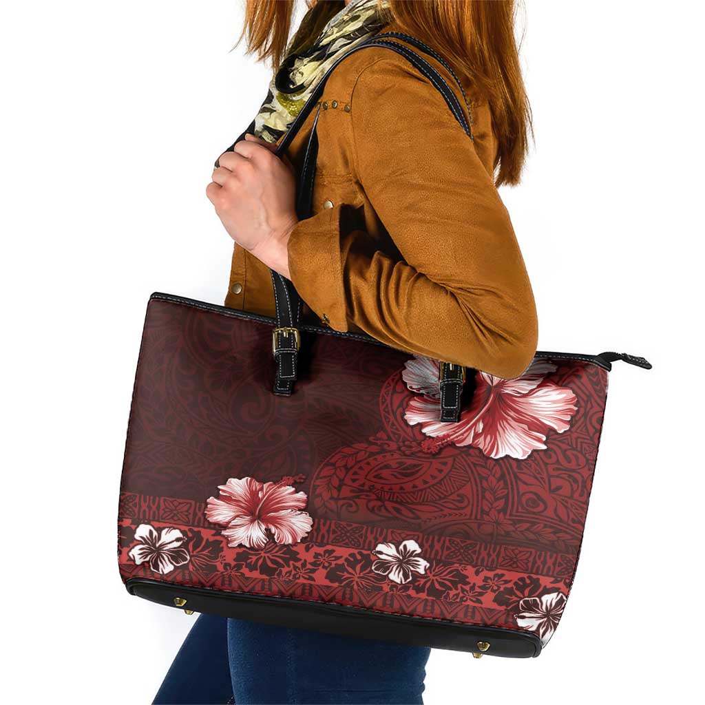 Hawaii Hibiscus With Oxblood Polynesian Pattern Leather Tote Bag LT05 Red - Polynesian Pride