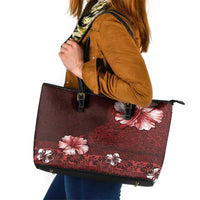 Hawaii Hibiscus With Oxblood Polynesian Pattern Leather Tote Bag LT05 Red - Polynesian Pride