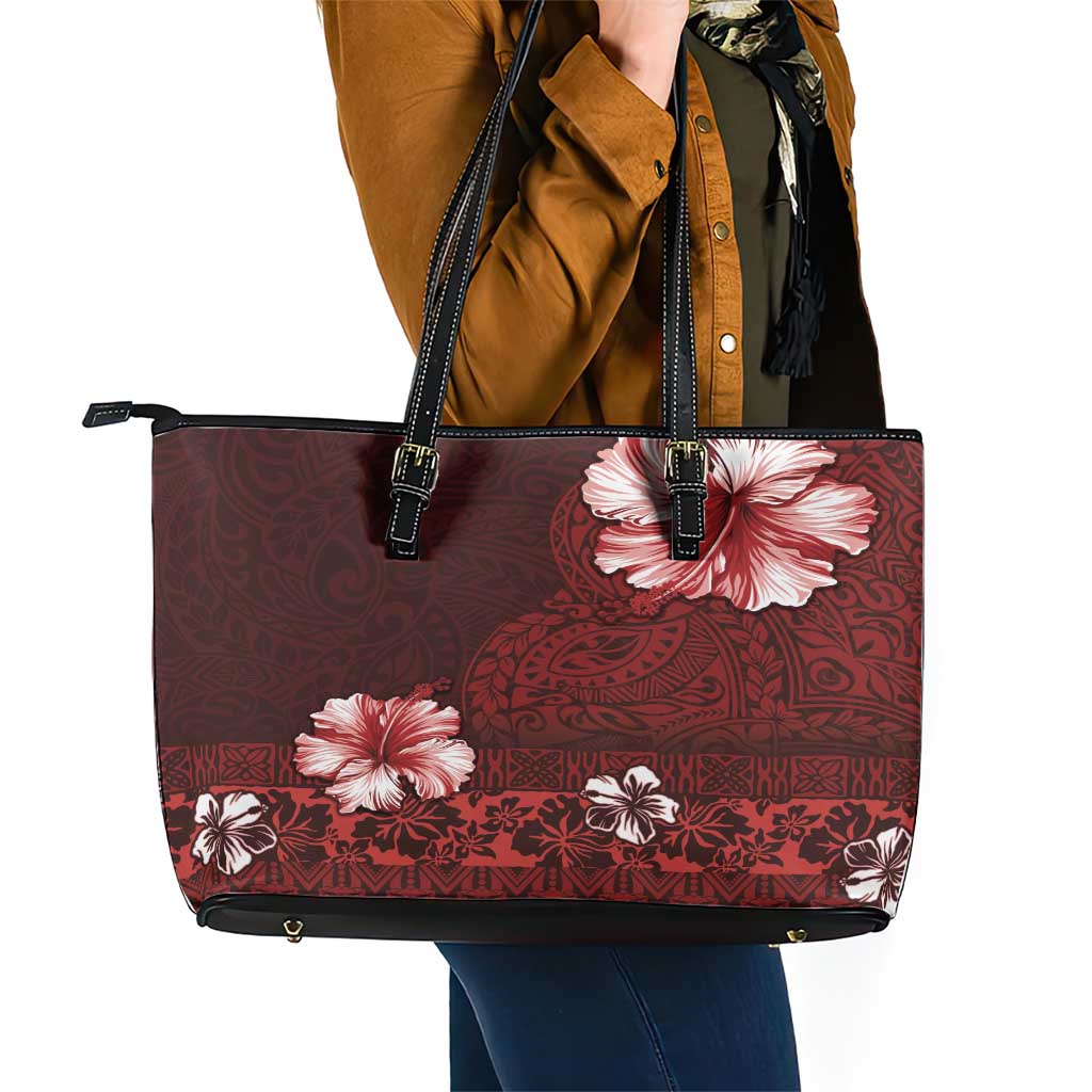 Hawaii Hibiscus With Oxblood Polynesian Pattern Leather Tote Bag LT05 - Polynesian Pride