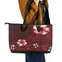 Hawaii Hibiscus With Oxblood Polynesian Pattern Leather Tote Bag LT05 - Polynesian Pride